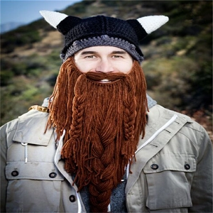 Viking horn knit hat with large brown braided beard for outdoor winter cosplay