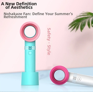 Macro detail of portable bladeless fan with ergonomic handle and stabilizing base