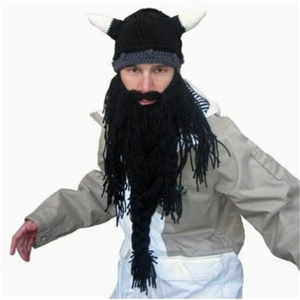 Funny knit viking hat with white horns and black beard mask for cosplay warmth