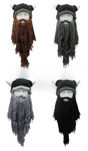 Detail showing knit Viking hats with horns and long braided beards in four colors