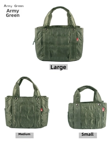 Three sizes of army green quilted nylon mommy bags with silver rivets and red labels