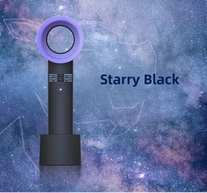 Macro detail of bladeless handheld fan in starry black with detachable base and USB charging