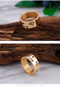 Macro shot of gold stainless steel wide ring featuring engraved black nautical symbols