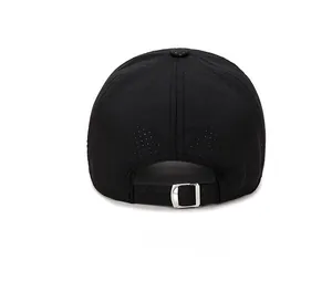 Detail view of the black breathable mesh cap back with adjustable silver metal buckle