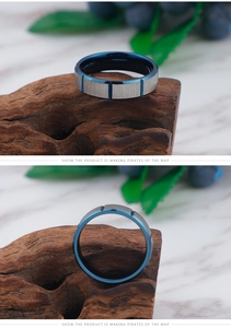 Detailed close-up showing blue plated groove and silver brushed finish on stainless steel ring