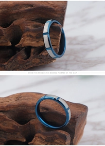 Macro shot of stainless steel ring with blue inner groove and silver brushed surface