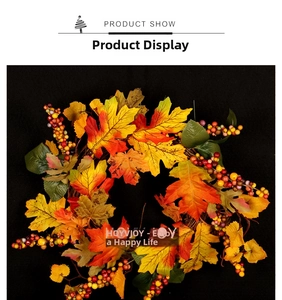 Detail of autumn wreath featuring realistic maple leaves and colorful berries on natural vine