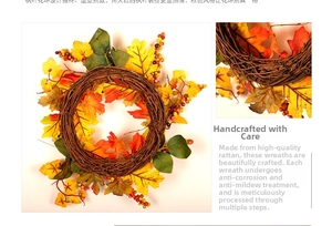 Detail of handcrafted rattan base and vibrant autumn maple leaves for festive wreaths