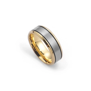 Two-tone titanium steel couple ring with gold edges and brushed silver metal finish
