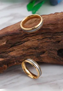 Detail of two-tone titanium steel ring with brushed silver band and gold edges