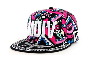 Detail of multi-color hip hop baseball cap featuring MDIV embroidery and a flat brim