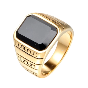 Chevalière Homme Acier Inoxydable Avec Pierre Noire Rectangulaire Gravure Grecque Style Rétro Hip Hop Bijoux