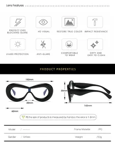 Size guide for chunky oversized glasses showing dimensions and frame specifications
