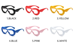 Six colors of bold oversized chunky eyeglass frames shown in a 2x3 grid layout