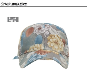 Front view detail of lace floral print baseball cap with vintage flower patterns