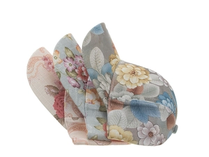 Detail showing vintage lace floral patterns on pink, blue and taupe cotton baseball caps