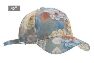 Detailed 45-degree side view of floral lace print baseball cap with canvas texture