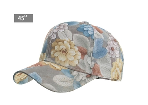 Detail view of floral print baseball cap in linen blend with vintage rustic pattern