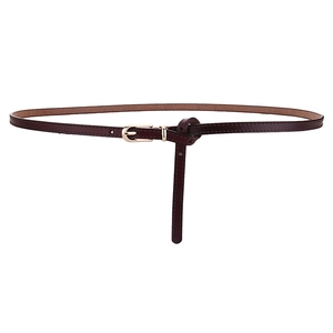 Slim dark reddish brown leather belt for women with elegant golden metal pin buckle