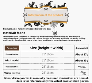 Size chart for Halloween fabric candy bags showing dimensions for pumpkin and witch designs