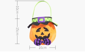 Halloween pumpkin felt candy bag with green handle and purple bow, size 16x15 cm detail