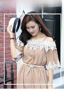 Close-up of thin white leather waist belt with gold buckle on a stylish khaki dress