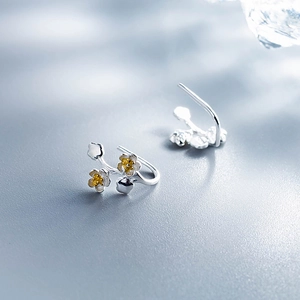 Detailed close-up of silver flower stud earrings with yellow pistils and brushed metal texture