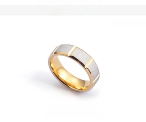 Detail of 6mm brushed stainless steel ring with gold groove showing product dimensions