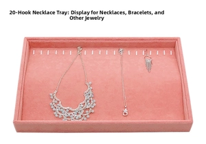 Close-up of pink velvet jewelry display tray with twenty metal hooks for necklaces