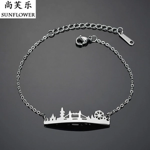 Macro view of silver stainless steel bracelet featuring city skyline and Ferris wheel charm