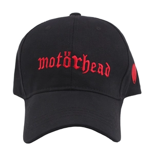 Black cotton baseball cap featuring red Motörhead gothic embroidery and side detail
