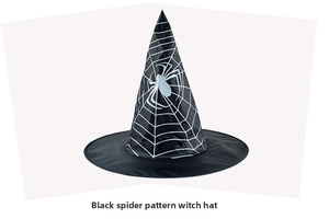 Close-up of black witch hat featuring white spider web patterns for Halloween cosplay