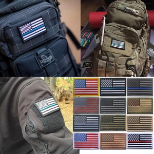 Detail of embroidered American flag patches on tactical backpacks and military jackets