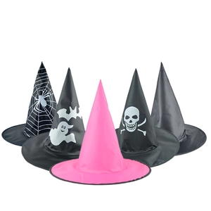 Halloween Witch Hat Wizard Pointed Cap Wide Brim Spider Web Ghost Skull Pattern Polyester Cosplay Costume Party Accessory