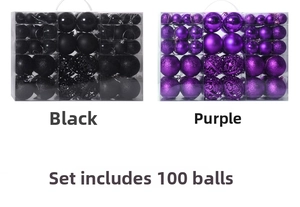 Detailed set of 100 purple and black Christmas balls in glossy, matte, and glitter finishes