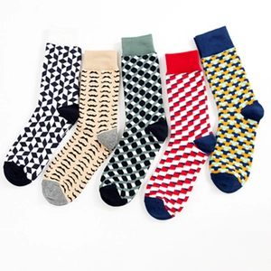 Five pairs of colorful crew socks featuring geometric patterns and mustache designs