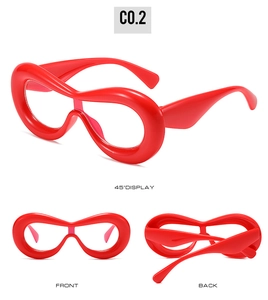 Three-view layout of bold red oversized frames in model CO.2 with futuristic chunky design