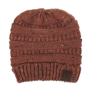 Detail of multi-color flecked knit beanie with C.C leather patch on ribbed hem