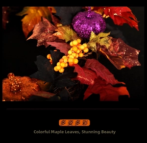Detail of Halloween wreath with glitter pumpkins, colorful maple leaves and yellow berries