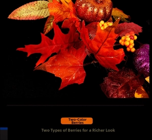 Detail of autumn wreath with maple leaves, glitter mini pumpkins and colorful berries