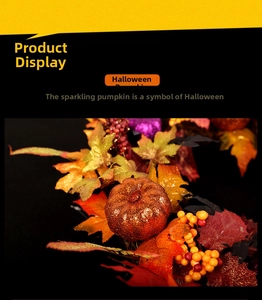 Detail of Halloween wreath with orange glitter pumpkin, autumn maple leaves and berries