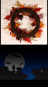 Detail of autumn wreath with maple leaves and berries on a natural twig base
