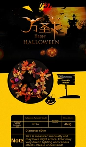 Detail showing 60cm Halloween pumpkin wreath with maple leaves and rattan base
