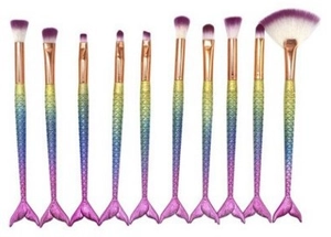 Detail of 10-piece mermaid makeup brushes with blue purple gradient fish tail handles