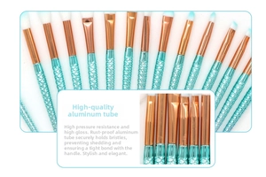 Detail of mermaid makeup brushes with teal fish scale handles and durable rose gold ferrules