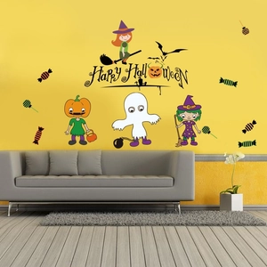 Cartoon Halloween wall stickers with witch and pumpkin for home festive window decoration