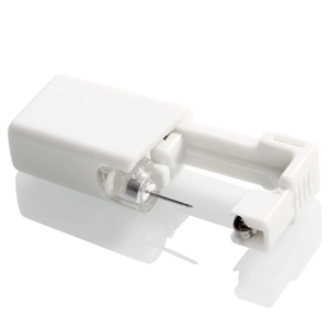 Disposable ear piercing gun tool in white plastic with pre-loaded steel stud