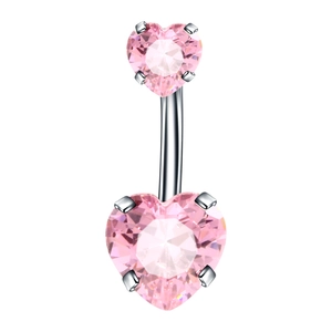 Detail of silver navel piercing featuring two heart-shaped pink cubic zirconia stones