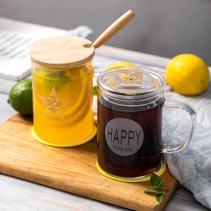 Ins style glass breakfast cups set with bamboo lid and wooden spoon for milk and tea
