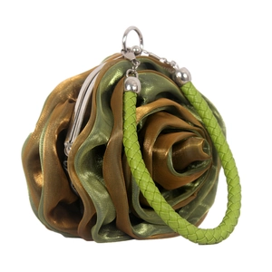 Detail of 3D satin flower handbag with green braided handle and metal kiss-lock closure
